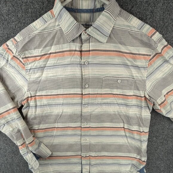 Tommy Bahama Striped Medium Gray Blue Orange Colorful Button Up Tencel Cotton - Picture 1 of 16